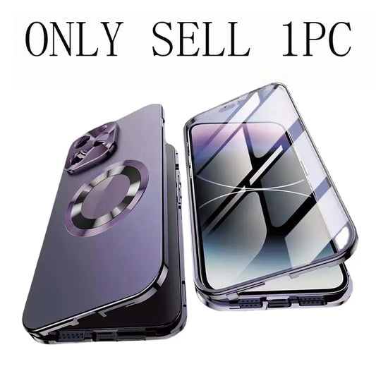 Magnetic Anti-Spy Phone Case with Dual-Sided Scratch-Resistant Glass and Strong Magnet Attachment, Metal Frame, Compatible with iPhone 12-17