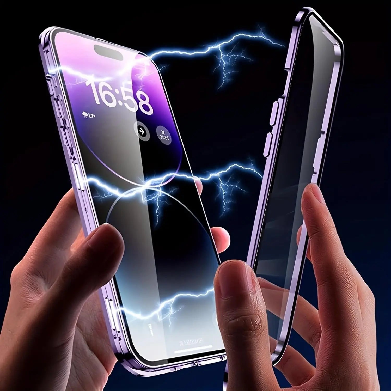 Magnetic Anti-Spy Phone Case with Dual-Sided Scratch-Resistant Glass and Strong Magnet Attachment, Metal Frame, Compatible with iPhone 12-17