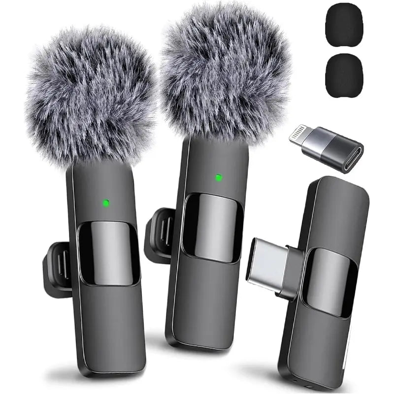 2.4G Wireless Clip-On Microphone with Lightning and USB-C Adapters for Professional Audio Recording in Video Production, YouTube, and Interviews