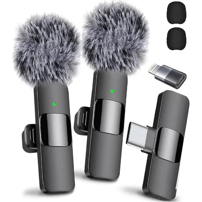 2.4G Wireless Clip-On Microphone with Lightning and USB-C Adapters for Professional Audio Recording in Video Production, YouTube, and Interviews