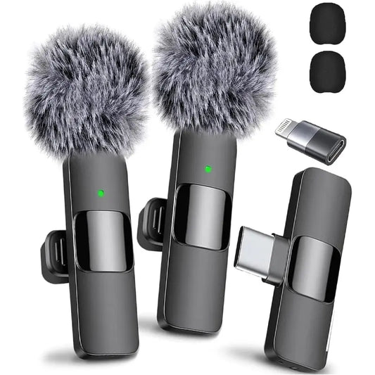 2.4G Wireless Clip-On Microphone with Lightning and USB-C Adapters for Professional Audio Recording in Video Production, YouTube, and Interviews
