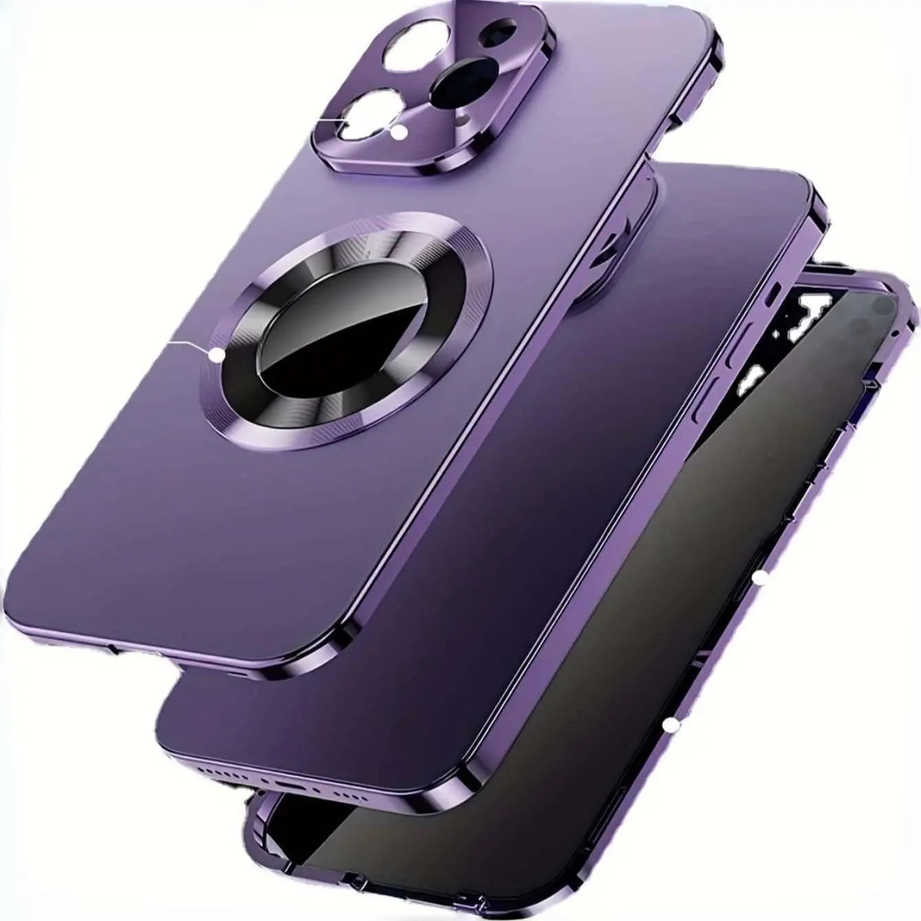 Magnetic Anti-Spy Phone Case with Dual-Sided Scratch-Resistant Glass and Strong Magnet Attachment, Metal Frame, Compatible with iPhone 12-17