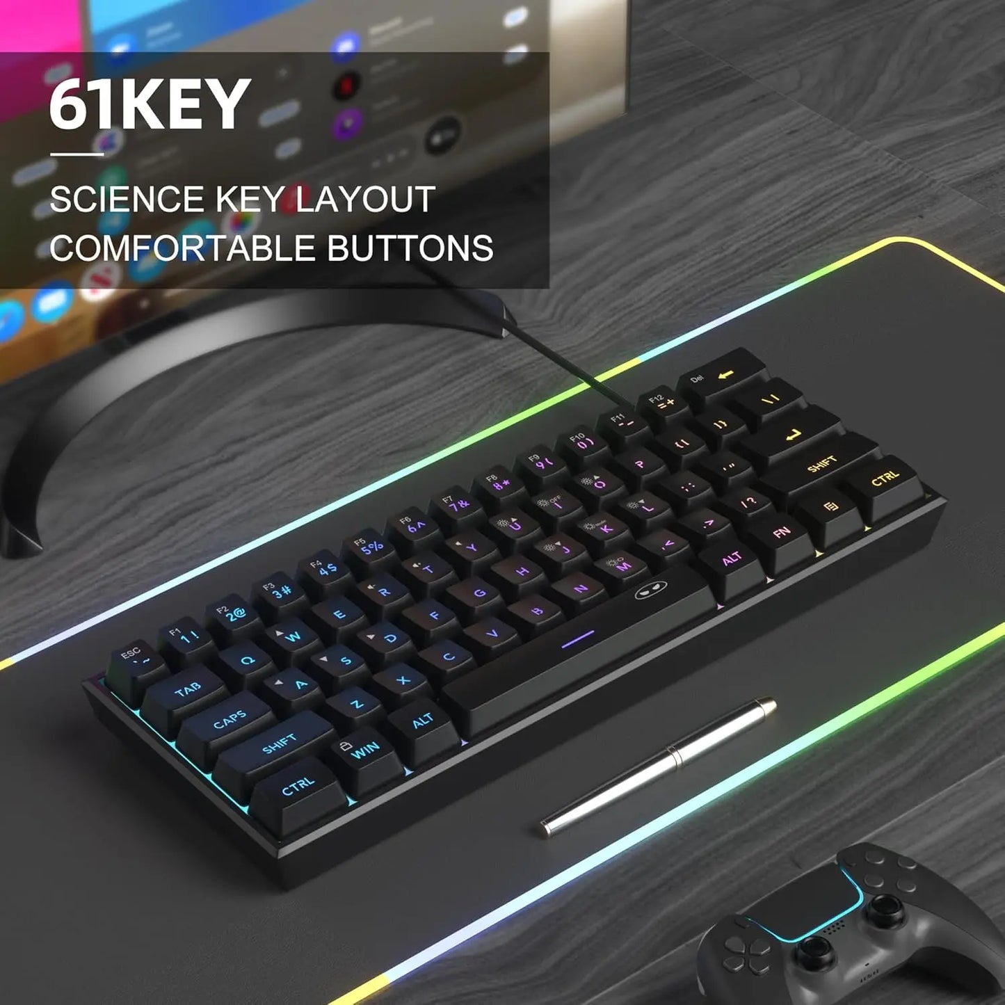 Magegee Mini 60% Gaming Keyboard, RGB Backlit 61 Key Ultra-Compact Keyboard, TS91 Ergonomic Mechanical Feeling Office Computer Keyboard for PC, MAC, PS4, Xbox ONE Gamer