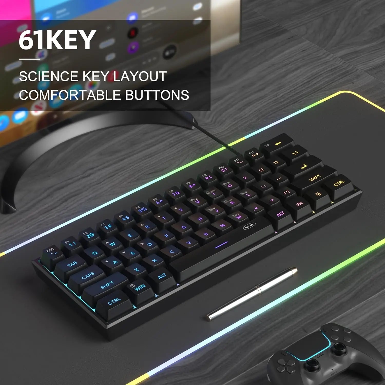 Magegee Mini 60% Gaming Keyboard, RGB Backlit 61 Key Ultra-Compact Keyboard, TS91 Ergonomic Mechanical Feeling Office Computer Keyboard for PC, MAC, PS4, Xbox ONE Gamer